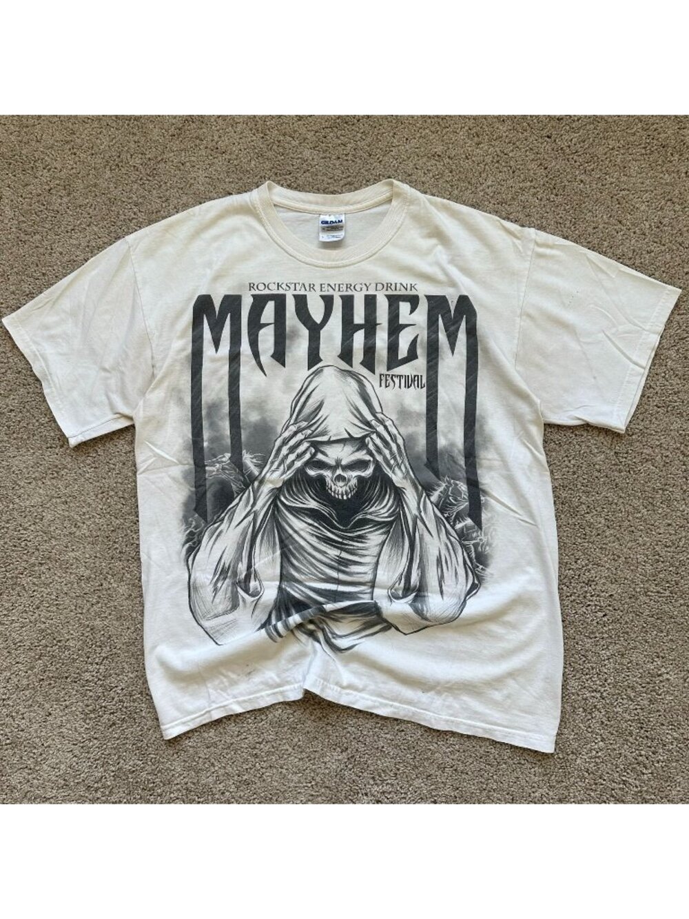 Vintage Y2K Rockstar Energy Mayhem Festival T-Shirt L Reaper Skull Heavy Metal